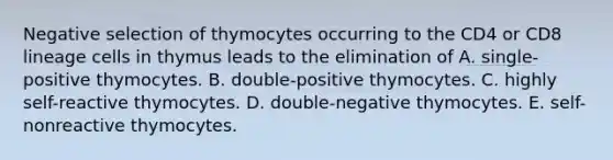 Negative selection of thymocytes occurring to the CD4 or CD8 lineage cells in thymus leads to the elimination of A. single-positive thymocytes. B. double-positive thymocytes. C. highly self-reactive thymocytes. D. double-negative thymocytes. E. self-nonreactive thymocytes.