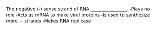 The negative (-) sense strand of RNA ________________. -Plays no role -Acts as mRNA to make viral proteins -Is used to synthesize more + strands -Makes RNA replicase