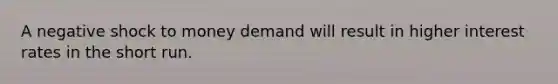 A negative shock to money demand will result in higher interest rates in the short run.