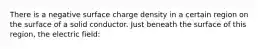 There is a negative surface charge density in a certain region on the surface of a solid conductor. Just beneath the surface of this region, the electric field: