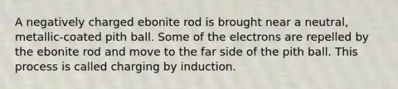 A negatively charged ebonite rod is brought near a neutral, metallic-coated pith ball. Some of the electrons are repelled by the ebonite rod and move to the far side of the pith ball. This process is called charging by induction.