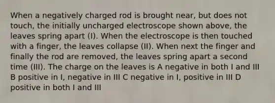 When a negatively charged rod is brought near, but does not touch, the initially uncharged electroscope shown above, the leaves spring apart (I). When the electroscope is then touched with a finger, the leaves collapse (II). When next the finger and finally the rod are removed, the leaves spring apart a second time (III). The charge on the leaves is A negative in both I and III B positive in I, negative in III C negative in I, positive in III D positive in both I and III