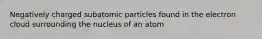 Negatively charged subatomic particles found in the electron cloud surrounding the nucleus of an atom