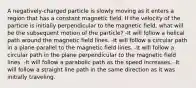 A negatively-charged particle is slowly moving as it enters a region that has a constant magnetic field. If the velocity of the particle is initially perpendicular to the magnetic field, what will be the subsequent motion of the particle? -It will follow a helical path around the magnetic field lines. -It will follow a circular path in a plane parallel to the magnetic field lines. -It will follow a circular path in the plane perpendicular to the magnetic field lines. -It will follow a parabolic path as the speed increases. -It will follow a straight line path in the same direction as it was initially traveling.