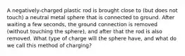 A negatively-charged plastic rod is brought close to (but does not touch) a neutral metal sphere that is connected to ground. After waiting a few seconds, the ground connection is removed (without touching the sphere), and after that the rod is also removed. What type of charge will the sphere have, and what do we call this method of charging?