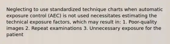 Neglecting to use standardized technique charts when automatic exposure control (AEC) is not used necessitates estimating the technical exposure factors, which may result in: 1. Poor-quality images 2. Repeat examinations 3. Unnecessary exposure for the patient