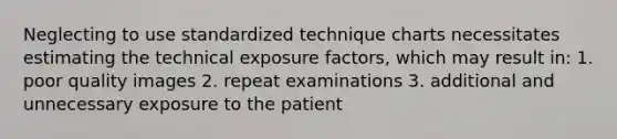 Neglecting to use standardized technique charts necessitates estimating the technical exposure factors, which may result in: 1. poor quality images 2. repeat examinations 3. additional and unnecessary exposure to the patient