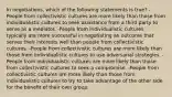 In negotiations, which of the following statements is true? -People from collectivistic cultures are more likely than those from individualistic cultures to seek assistance from a third party to serve as a mediator. -People from individualistic cultures typically are more successful in negotiating an outcome that serves their interests well than people from collectivistic cultures. -People from collectivistic cultures are more likely than those from individualistic cultures to use adversarial strategies. -People from individualistic cultures are more likely than those from collectivistic cultures to seek a compromise. -People from collectivistic cultures are more likely than those from individualistic cultures to try to take advantage of the other side for the benefit of their own group.