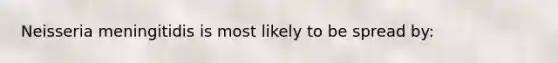 Neisseria meningitidis is most likely to be spread by: