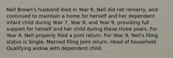 Nell Brown's husband died in Year 6. Nell did not remarry, and continued to maintain a home for herself and her dependent infant child during Year 7, Year 8, and Year 9, providing full support for herself and her child during these three years. For Year 6, Nell properly filed a joint return. For Year 9, Nell's filing status is Single. Married filing joint return. Head of household. Qualifying widow with dependent child.