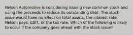 Nelson Automotive is considering issuing new common stock and using the proceeds to reduce its outstanding debt. The stock issue would have no effect on total assets, the interest rate Nelson pays, EBIT, or the tax rate. Which of the following is likely to occur if the company goes ahead with the stock issue?