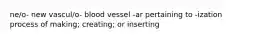 ne/o- new vascul/o- blood vessel -ar pertaining to -ization process of making; creating; or inserting