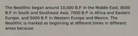 The Neolithic began around 10,000 B.P. in the Middle East, 8000 B.P. in South and Southeast Asia, 7000 B.P. in Africa and Eastern Europe, and 5000 B.P. in Western Europe and Mexico. The Neolithic is marked as beginning at different times in different areas because