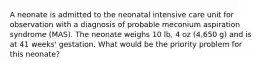 A neonate is admitted to the neonatal intensive care unit for observation with a diagnosis of probable meconium aspiration syndrome (MAS). The neonate weighs 10 lb, 4 oz (4,650 g) and is at 41 weeks' gestation. What would be the priority problem for this neonate?