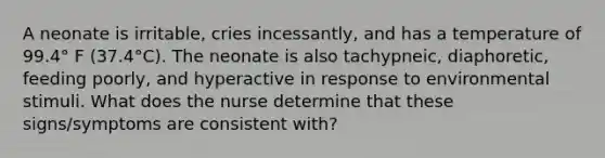 A neonate is irritable, cries incessantly, and has a temperature of 99.4° F (37.4°C). The neonate is also tachypneic, diaphoretic, feeding poorly, and hyperactive in response to environmental stimuli. What does the nurse determine that these signs/symptoms are consistent with?