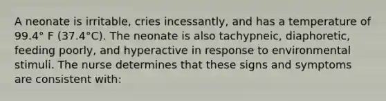 A neonate is irritable, cries incessantly, and has a temperature of 99.4° F (37.4°C). The neonate is also tachypneic, diaphoretic, feeding poorly, and hyperactive in response to environmental stimuli. The nurse determines that these signs and symptoms are consistent with: