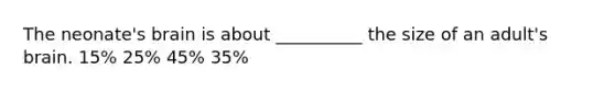 The neonate's brain is about __________ the size of an adult's brain. 15% 25% 45% 35%
