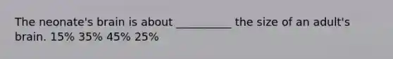 The neonate's brain is about __________ the size of an adult's brain. 15% 35% 45% 25%