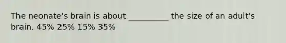 The neonate's brain is about __________ the size of an adult's brain. 45% 25% 15% 35%