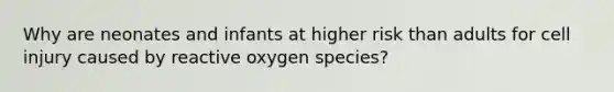 Why are neonates and infants at higher risk than adults for cell injury caused by reactive oxygen species?