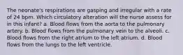 The neonate's respirations are gasping and irregular with a rate of 24 bpm. Which circulatory alteration will the nurse assess for in this infant? a. Blood flows from the aorta to the pulmonary artery. b. Blood flows from the pulmonary vein to the alveoli. c. Blood flows from the right atrium to the left atrium. d. Blood flows from the lungs to the left ventricle.