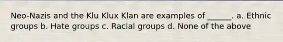 Neo-Nazis and the Klu Klux Klan are examples of ______. a. Ethnic groups b. Hate groups c. Racial groups d. None of the above