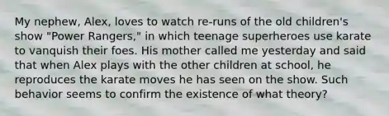 My nephew, Alex, loves to watch re-runs of the old children's show "Power Rangers," in which teenage superheroes use karate to vanquish their foes. His mother called me yesterday and said that when Alex plays with the other children at school, he reproduces the karate moves he has seen on the show. Such behavior seems to confirm the existence of what theory?