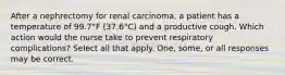 After a nephrectomy for renal carcinoma, a patient has a temperature of 99.7°F (37.6°C) and a productive cough. Which action would the nurse take to prevent respiratory complications? Select all that apply. One, some, or all responses may be correct.