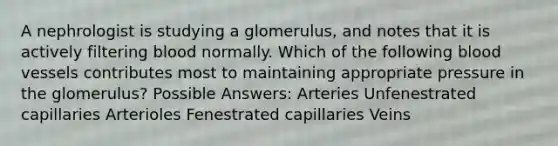 A nephrologist is studying a glomerulus, and notes that it is actively filtering blood normally. Which of the following blood vessels contributes most to maintaining appropriate pressure in the glomerulus? Possible Answers: Arteries Unfenestrated capillaries Arterioles Fenestrated capillaries Veins