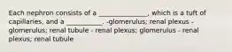 Each nephron consists of a _______________, which is a tuft of capillaries, and a ___________. -glomerulus; renal plexus - glomerulus; renal tubule - renal plexus; glomerulus - renal plexus; renal tubule