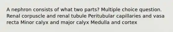 A nephron consists of what two parts? Multiple choice question. Renal corpuscle and renal tubule Peritubular capillaries and vasa recta Minor calyx and major calyx Medulla and cortex