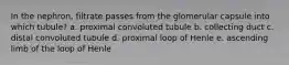 In the nephron, filtrate passes from the glomerular capsule into which tubule? a. proximal convoluted tubule b. collecting duct c. distal convoluted tubule d. proximal loop of Henle e. ascending limb of the loop of Henle