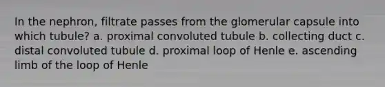 In the nephron, filtrate passes from the glomerular capsule into which tubule? a. proximal convoluted tubule b. collecting duct c. distal convoluted tubule d. proximal loop of Henle e. ascending limb of the loop of Henle