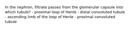 In the nephron, filtrate passes from the glomerular capsule into which tubule? - proximal loop of Henle - distal convoluted tubule - ascending limb of the loop of Henle - proximal convoluted tubule