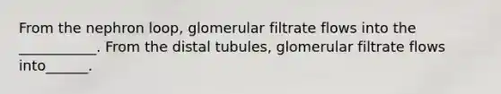 From the nephron​ loop, glomerular filtrate flows into the​ ___________. From the distal​ tubules, glomerular filtrate flows​ into______.