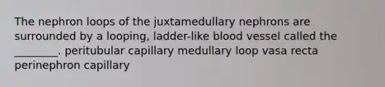 The nephron loops of the juxtamedullary nephrons are surrounded by a looping, ladder-like blood vessel called the ________. peritubular capillary medullary loop vasa recta perinephron capillary