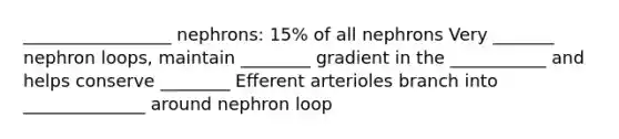 _________________ nephrons: 15% of all nephrons Very _______ nephron loops, maintain ________ gradient in the ___________ and helps conserve ________ Efferent arterioles branch into ______________ around nephron loop