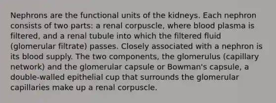 Nephrons are the functional units of the kidneys. Each nephron consists of two parts: a renal corpuscle, where blood plasma is filtered, and a renal tubule into which the filtered fluid (glomerular filtrate) passes. Closely associated with a nephron is its blood supply. The two components, the glomerulus (capillary network) and the glomerular capsule or Bowman's capsule, a double-walled epithelial cup that surrounds the glomerular capillaries make up a renal corpuscle.