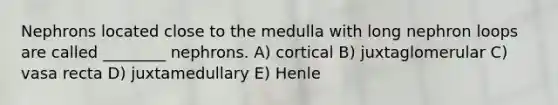 Nephrons located close to the medulla with long nephron loops are called ________ nephrons. A) cortical B) juxtaglomerular C) vasa recta D) juxtamedullary E) Henle