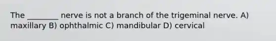 The ________ nerve is not a branch of the trigeminal nerve. A) maxillary B) ophthalmic C) mandibular D) cervical