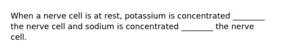 When a nerve cell is at rest, potassium is concentrated ________ the nerve cell and sodium is concentrated ________ the nerve cell.