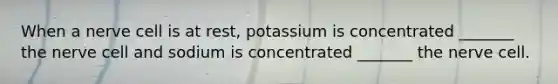 When a nerve cell is at rest, potassium is concentrated _______ the nerve cell and sodium is concentrated _______ the nerve cell.