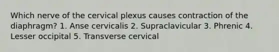 Which nerve of the cervical plexus causes contraction of the diaphragm? 1. Anse cervicalis 2. Supraclavicular 3. Phrenic 4. Lesser occipital 5. Transverse cervical