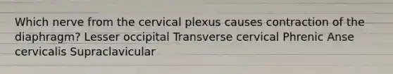 Which nerve from the cervical plexus causes contraction of the diaphragm? Lesser occipital Transverse cervical Phrenic Anse cervicalis Supraclavicular