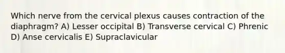 Which nerve from the cervical plexus causes contraction of the diaphragm? A) Lesser occipital B) Transverse cervical C) Phrenic D) Anse cervicalis E) Supraclavicular