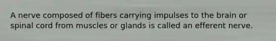 A nerve composed of fibers carrying impulses to the brain or spinal cord from muscles or glands is called an efferent nerve.
