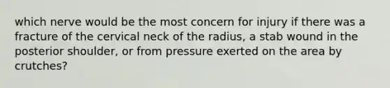 which nerve would be the most concern for injury if there was a fracture of the cervical neck of the radius, a stab wound in the posterior shoulder, or from pressure exerted on the area by crutches?