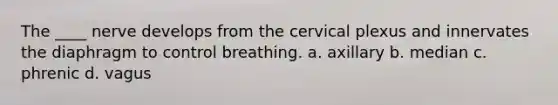 The ____ nerve develops from the cervical plexus and innervates the diaphragm to control breathing. a. axillary b. median c. phrenic d. vagus