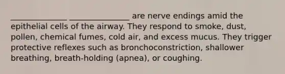 ______________ _______________ are nerve endings amid the epithelial cells of the airway. They respond to smoke, dust, pollen, chemical fumes, cold air, and excess mucus. They trigger protective reflexes such as bronchoconstriction, shallower breathing, breath-holding (apnea), or coughing.