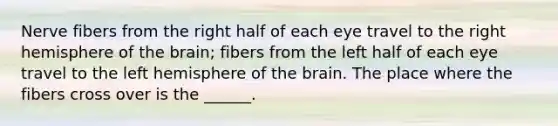 Nerve fibers from the right half of each eye travel to the right hemisphere of the brain; fibers from the left half of each eye travel to the left hemisphere of the brain. The place where the fibers cross over is the ______.